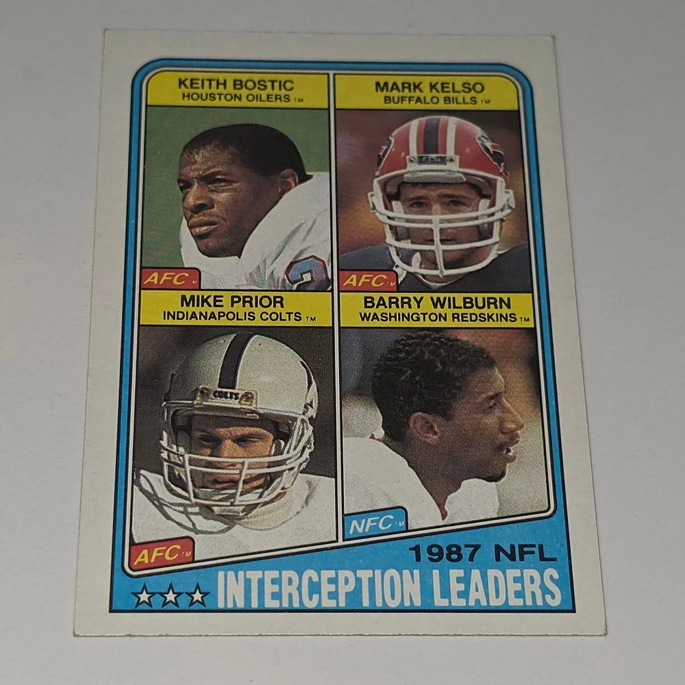 1988 Topps 219 1987 NFL Interception Leaders Bostic Kelso Prior Wilburn Card